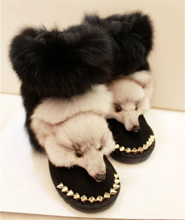 Handmade Cute Fox Head Front Fox Fur Rivets Studs toe Snow Boots Plush Fur Inside Winter Boots Girl's Mid-calf Boots