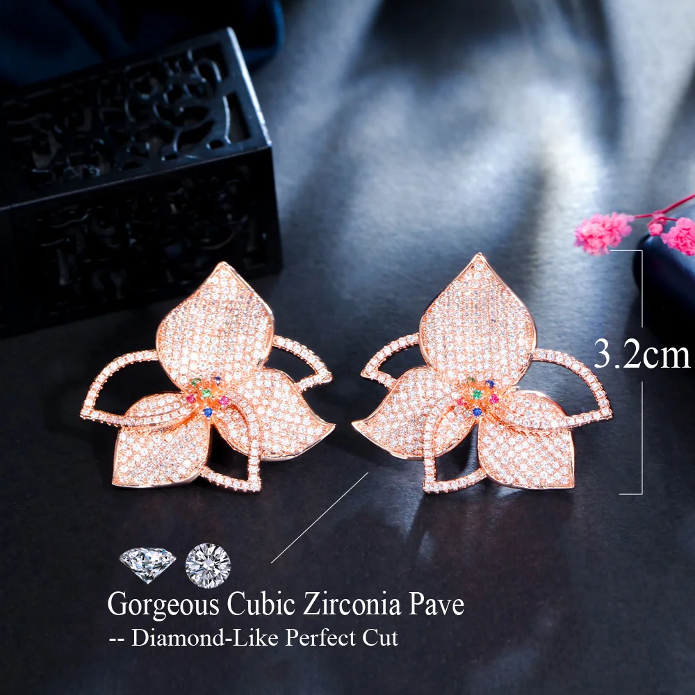 CWWZircons Two Tones Full Micro Pave Cubic Zirconia Stones Geometric Big Luxury CZ Flower Earrings for Women Jewelry CZ419