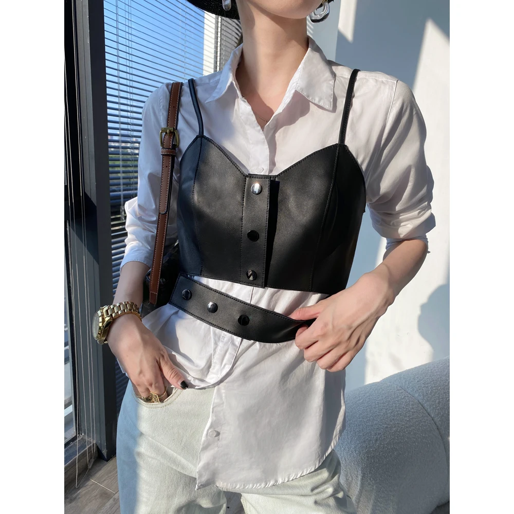 Stacking Fashion Trendy Women Sexy Sling Female Natural Leather Waist Slim Tube Top Mujer Buttons Punk White Vest Short Shirt