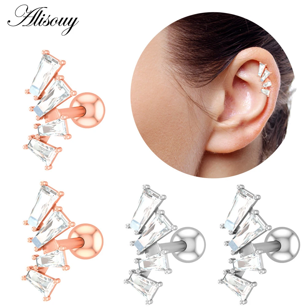 Alisouy 1PC Zircon CZ Leaf Heart Star Flower Ear Studs Cartilage Earring for Women Stainless Steel Small Ear Piercing Jewelry