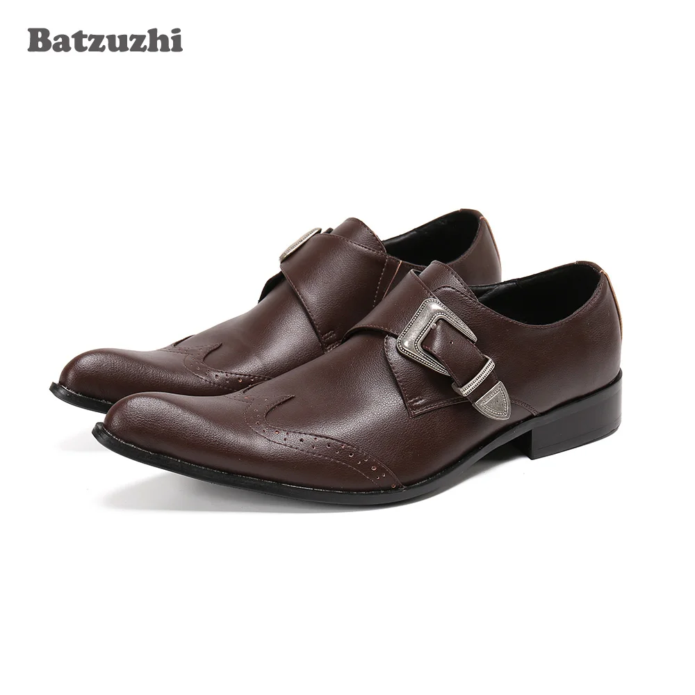 

Batzuzhi Luxury Handmade Men's Shoes Formal Genuine Leather Dress Shoes Pointed Toe Buckle Brown Business Leather Shoes Men