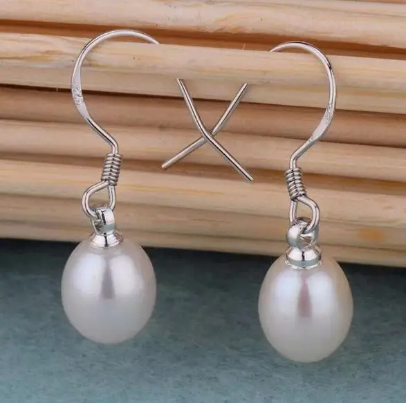 

Favorite Pearl Earring Hot Sale AA 8-9MM White Rice Cultured Freshwater Pearl S925 Sterling Silver Dangle Earrings Women Jewelry