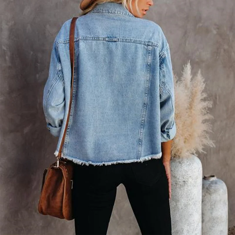 Décontracté automne bleu lavé Denim vestes courtes femmes à manches longues col rabattu simple boutonnage femme manteau Streetwear