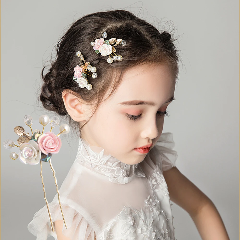 

White Pink Crystal Ceramics Flower Leaf Hair Clips Ancient Style Hanfu Accessories Small Hairpin Girl Children Bride Wedding Hea