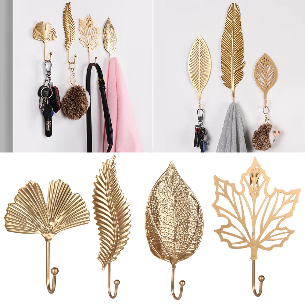 Gold/Green Home Decoration Bathroom Organization Leaf Shape Wall Hanger Wrought Iron Hook Hanging Storage Rack