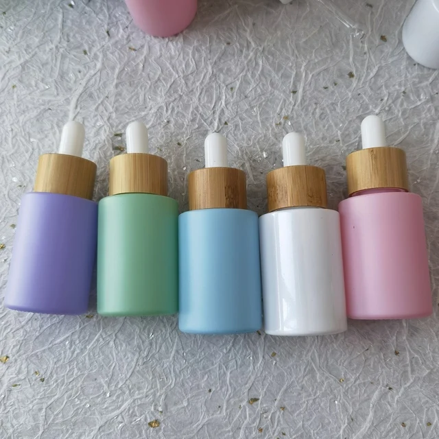 240pcs Purple Blue Pink 30 ml Travel Perfume Spray Bottles For Cosmetics With Bamboo Cap Lotion Lid Dropper Packaging Container