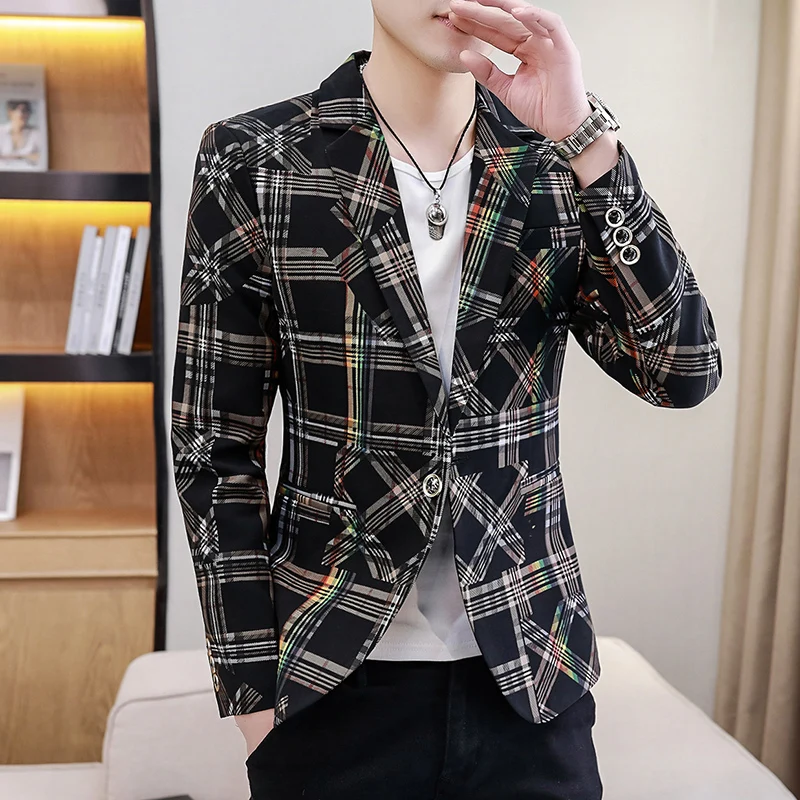 2021 New Plaid Blazers Men Slim Fit Business Casual Suit Jacket Korean Wedding Social Office Dress Coat Streetwear Costume Homme