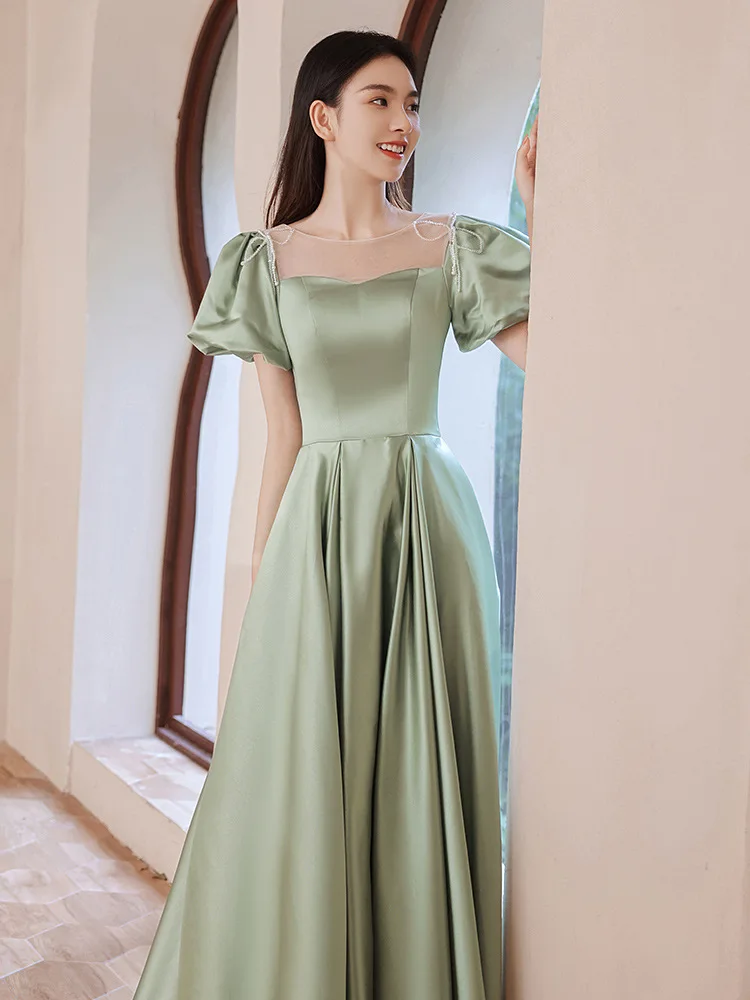 Elegant พัฟแขนชุดราตรีสำหรับผู้หญิงสีทึบ Patchwork สแควร์คอ A-Line Lace Up Slim ชุดวันเกิด Party Gowns