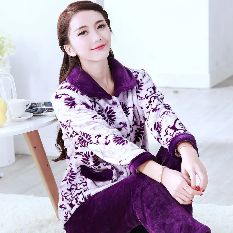 Thick Autumn Winter Warm Flannel Women Pyjamas Sets Long Sleeve Pijama Sleepwear Flannel Women Pajamas Set Home Wear