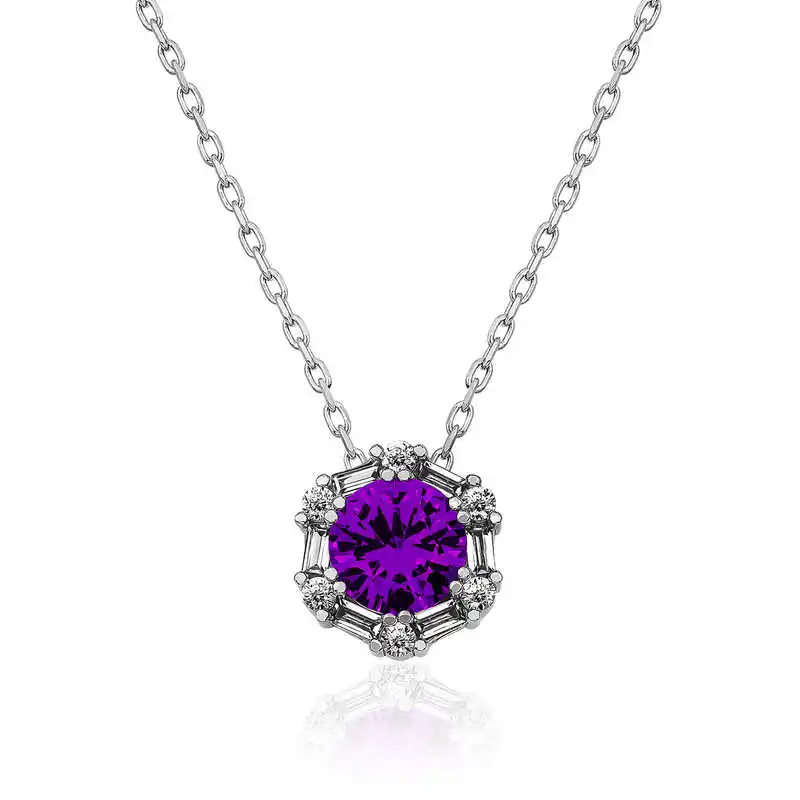 Silver Violet Purple Baget Cubic Zirconia Women Necklace