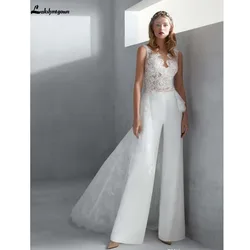 Jumpsuits Wedding Dresses with Detachable Train Jewel Neck Lace Bohemian Beach Bridal Gowns Overskirts Boho Wedding Dress Pants