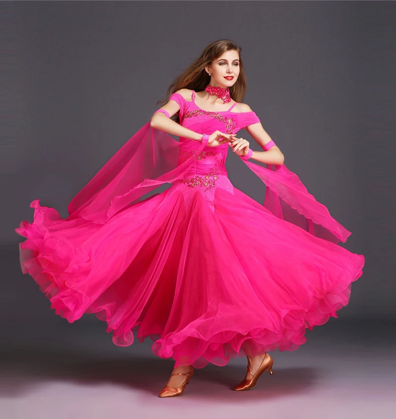 Vestido de baile de salón para mujer, vestidos de baile estándar rosas de manga corta, traje de baile de competición de vals para mujer