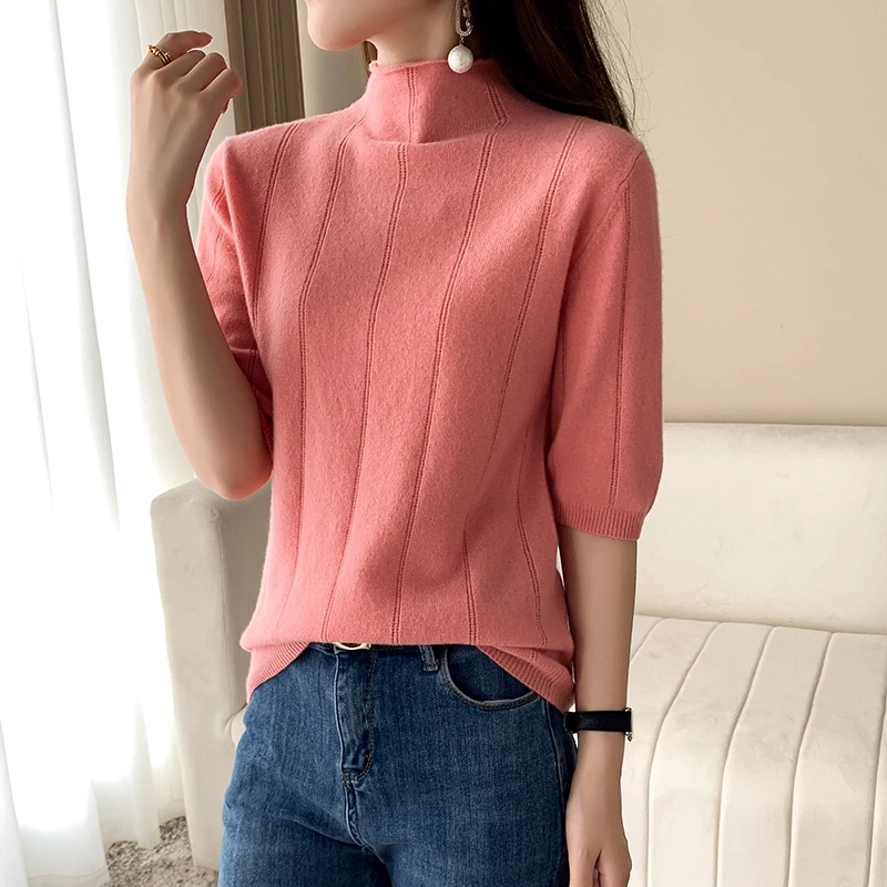 100% Pure Wool Half-sleeved Sweater Autumn Spring New Fashion Women Half High Neck Pullover Casual Knitted Tops Women Sweater