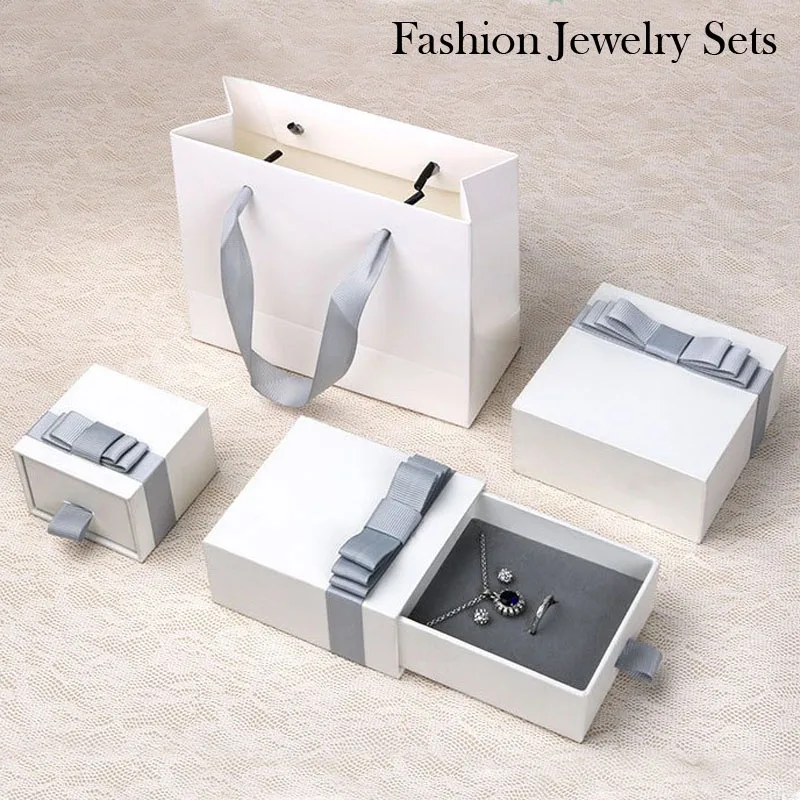 Gray Bow Drawer Jewelry box 4 Size Hard Paper Ring Earring Display Boxes  jewelry organizer box Engagement for bracelet pendant