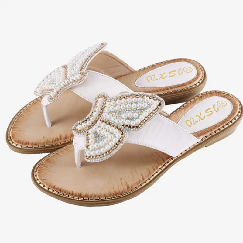 New Breathable Ladies Sandals Slippers Bohemia Rhinestone Pearl Butterfly Decorative Women\'s Shoes Summer Beach Dress Flip Flops