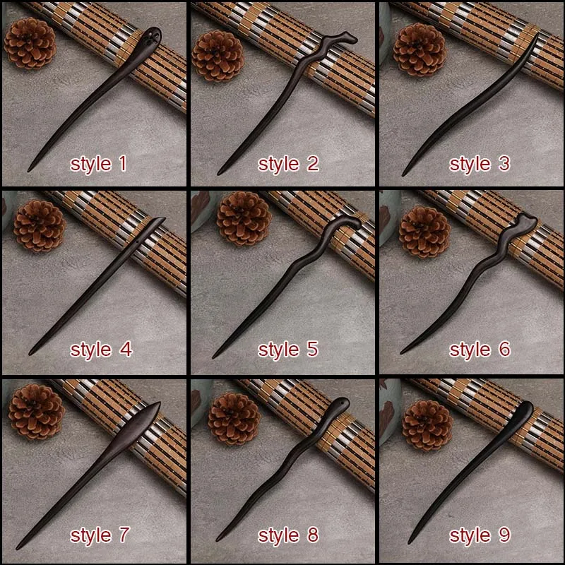 Black Sandalwood Hand Carving Ancient Chinese Hairpin Women Hanfu Dress Cosplay Wooden Hair Forks Coiled Hair Styling Jewelry