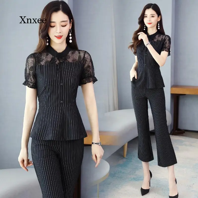 2021 Spring Flared Trousers Two Piece Summer Lace Patchwork Half Sleeves t Shjrs Fashion Casual Wide Leg Pants Suit Outfits