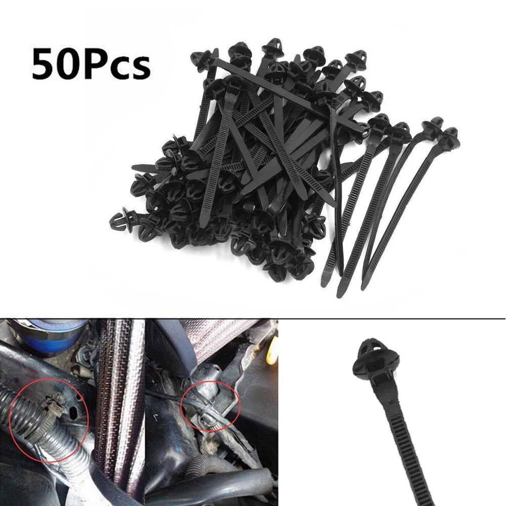 50Pcs Nylon Plastic Hole Cable Car Auto Trailer Zip Ties Wrap Push Rivets Clip Fastener Wiring 11mm Black For Carpet Roof Lining