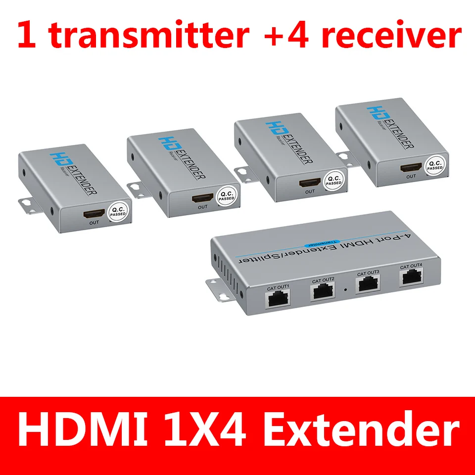 New Up to 60M/200Ft, 1x4 HDMI Extender Splitter Loop-out Over RJ45 CAT5e CAT6 ,POE with one Supply