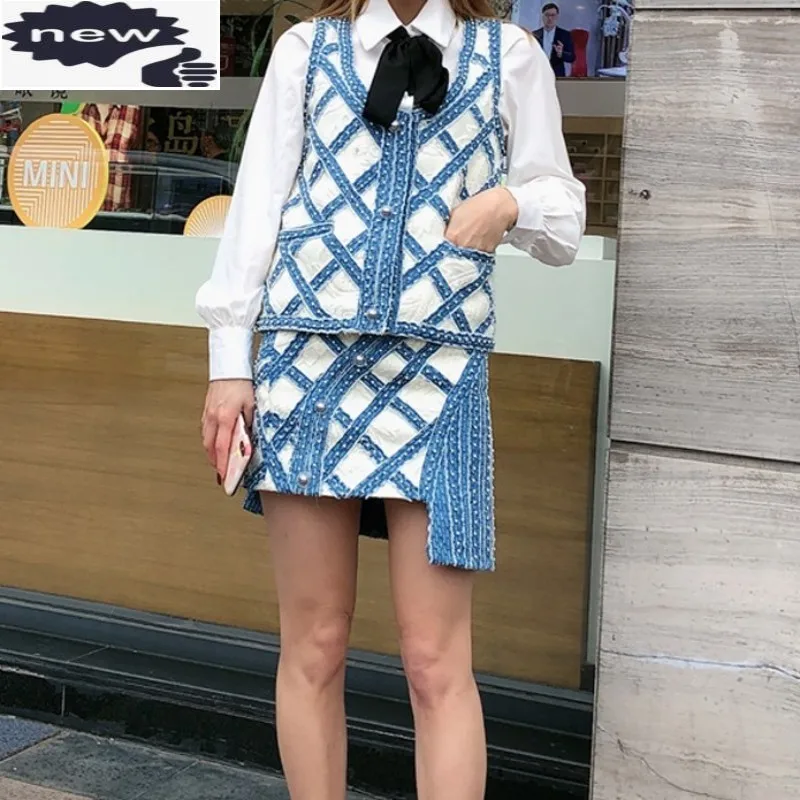 

Autumn Asymmetrical Patchwork Striped Denim Women Blue White Plaid Short Skirt Office Female Elegant Pearls Tweed Skirts