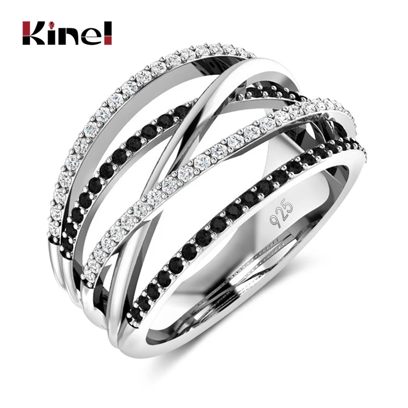 Kinel Hot Cross Twist Women Finger Rings With Black&White Natural Zircon Stone Micro Paved Trendy Rings Gift Fine Jewelry