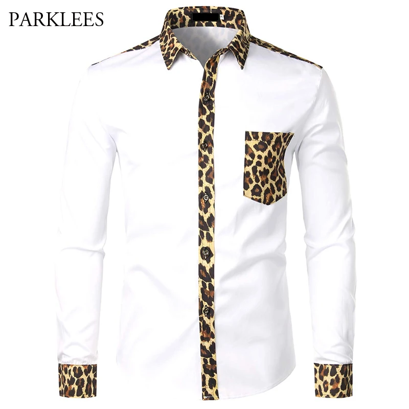 Men Splice Leopard Printed Shirt with Pocket Men Dress Shirt Long Sleeve Men Fashion Brand Mens Button Shirts Camisas Hombre USA