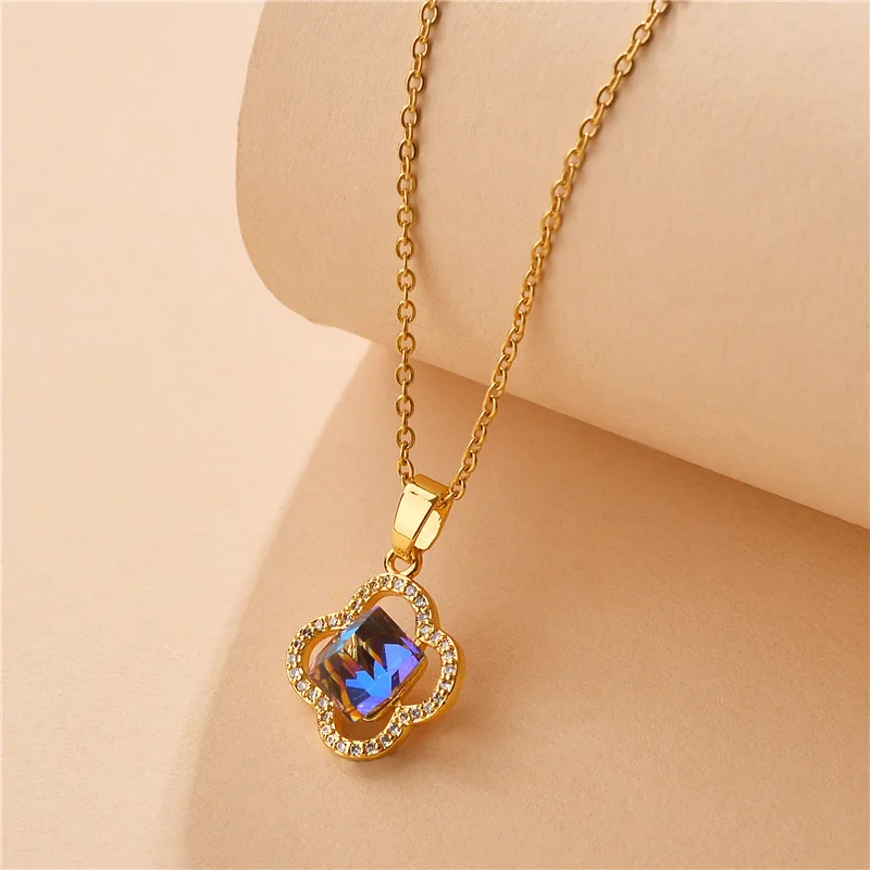 Korean Style Blue Crystal Four Leaf Flower Pendant Women Necklace Ladies Elegant Gold Color Stainless Steel Chokers Necklaces