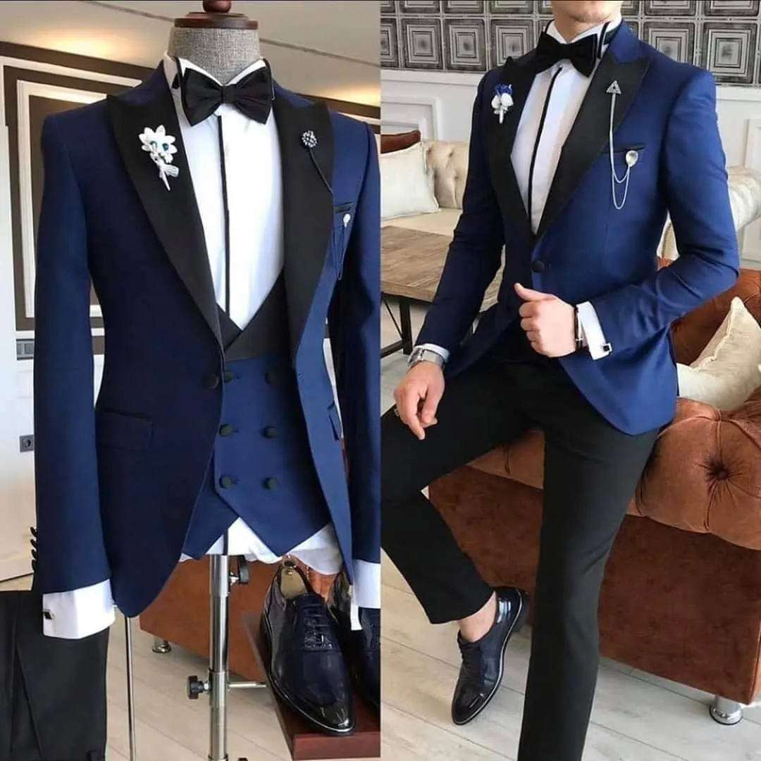 

Tailor Made Black Peak Lapel Blue One Button Suit Men Slim Fit Groom Tuxedos Business Prom Terno 3 Pieces men suit