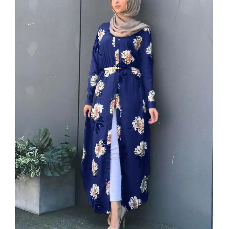 Imagem -03 - Vestido Maxi Estampado Floral para Mulheres Muçulmanas Moda Abayas Dubai Kaftan Cardigã Aberto Robe de Camisa Árabe Turca Vestido de Festa Feminino