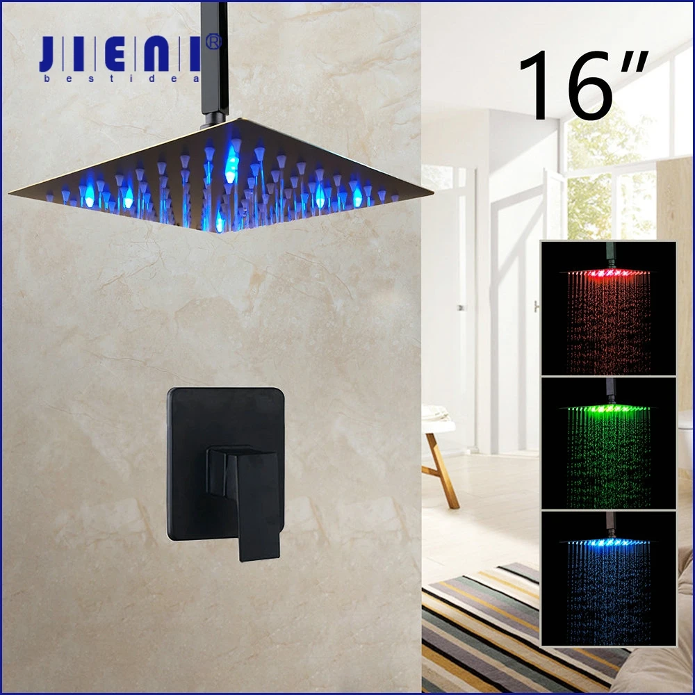 

JIENI LED 8 12 16 Inch Matte Black Hand Shower Set Faucet Ceiling Mounted Rainfall Bathroom Ultrl-thin Square Shower Head Faucet