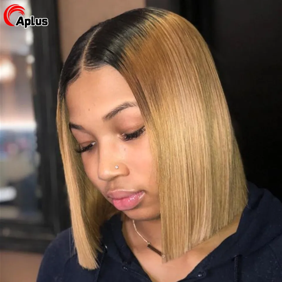 Brazilian 4x4 Blonde Bob Closure Wig Preplucked Ombre 1B 27 Straight Short Bob Wig 13x4 Remy Lace Front Human Hair Wigs 180%