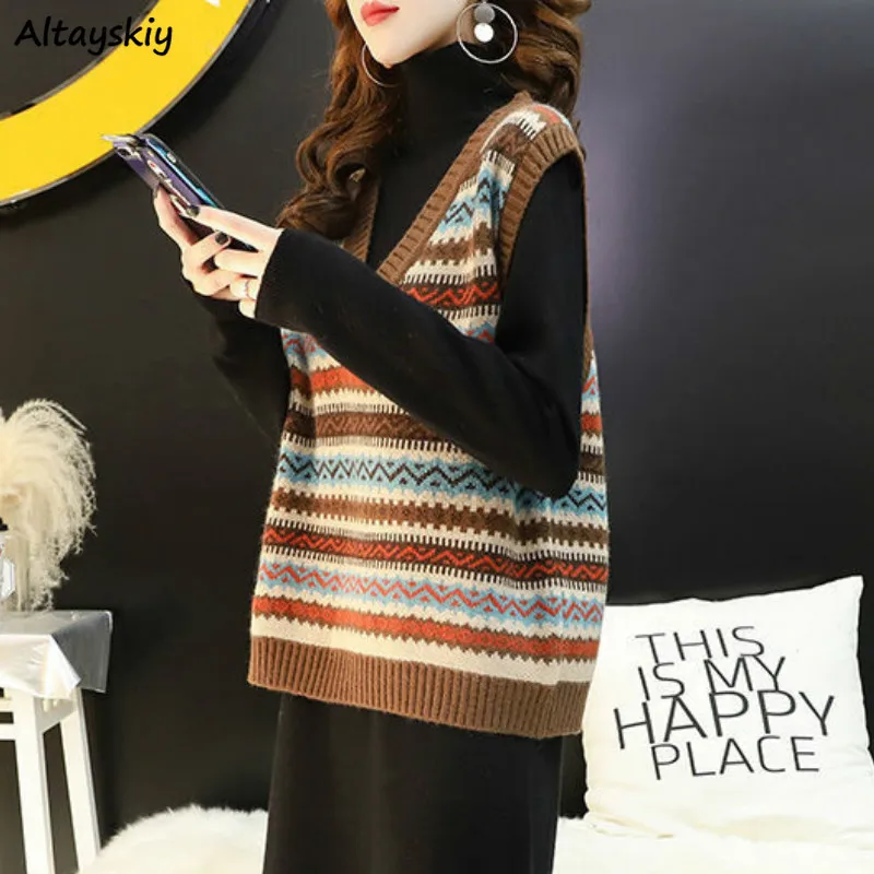 Sweater Vest Women Colorful Ulzzang Streetwear All Match V-Neck College Sleeveless Elegant Striped Lovely Female Loose Autumn