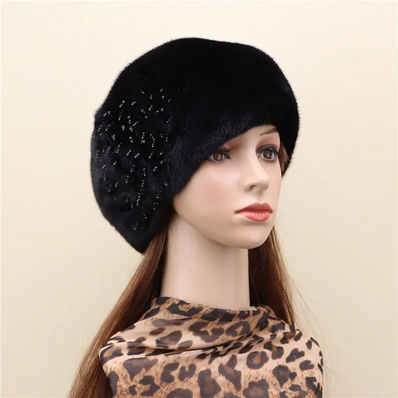 

New product whole mink beret hat female whole mink imported leather flashing diamond fashion whole mink beret Korean winter