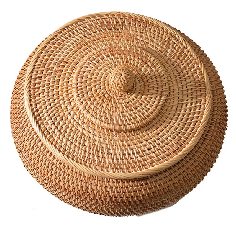 LBER Rattan Boxes with Lid Hand-Woven Multi-Purpose Wicker Tray with Durable Rattan Fiber Round 11 Inch Diameter