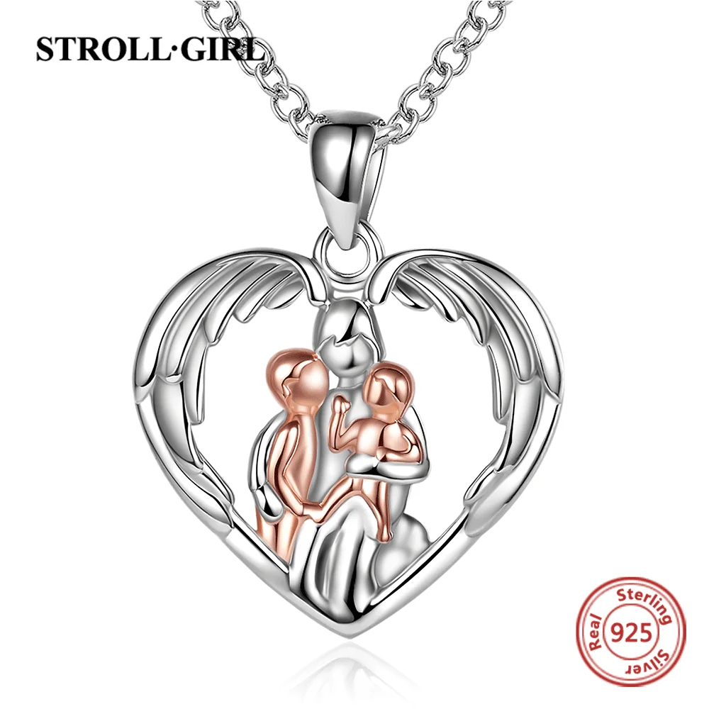 Mom Hugged Two Kids Baby Pendant Chain 925 Sterling Silver Heart Angel Wings Rose Gold Necklace For Women Mother's Day Jewelry