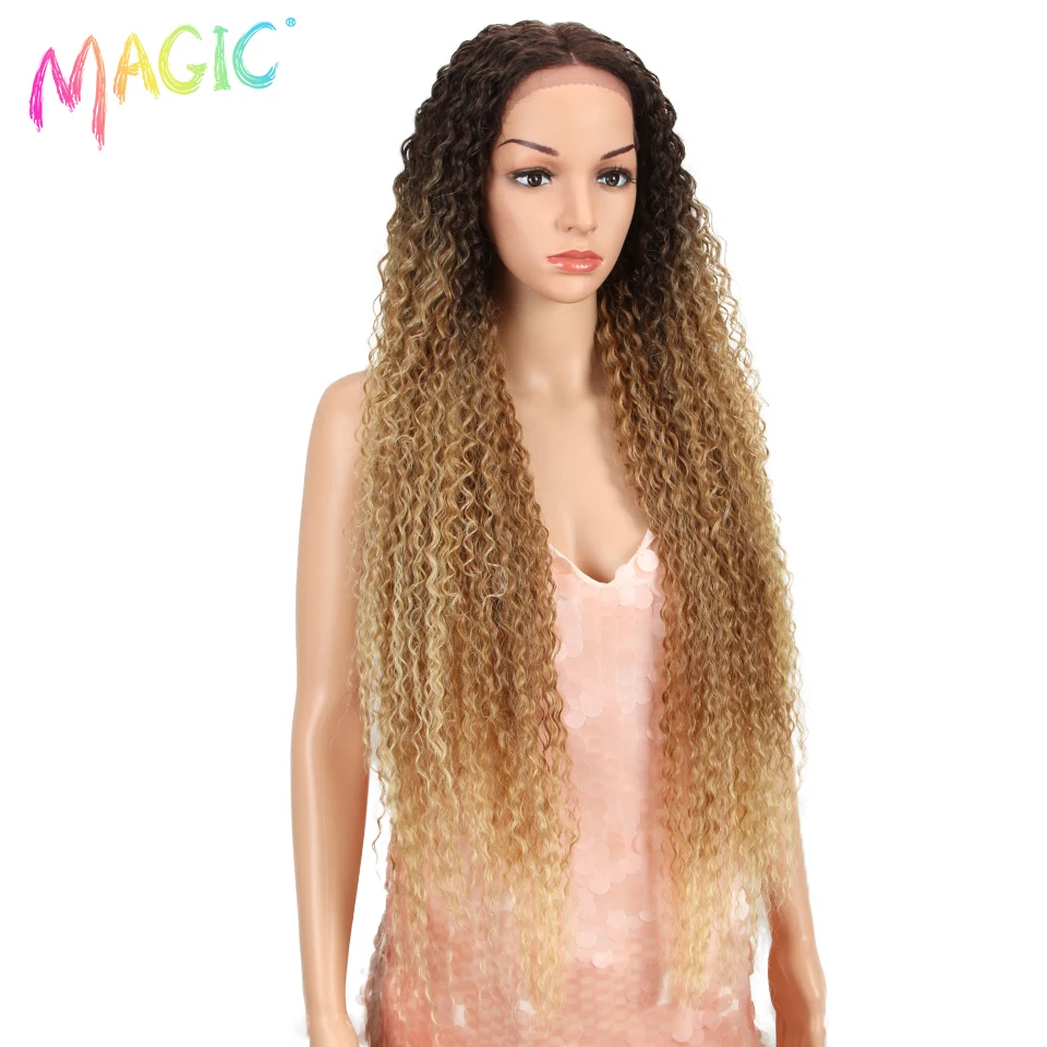 Magic Synthetic Lace Wigs 38 Inch Long Kinky Curly Wigs For Black Women Ombre Blonde Heat Resistant Hair High Temperature