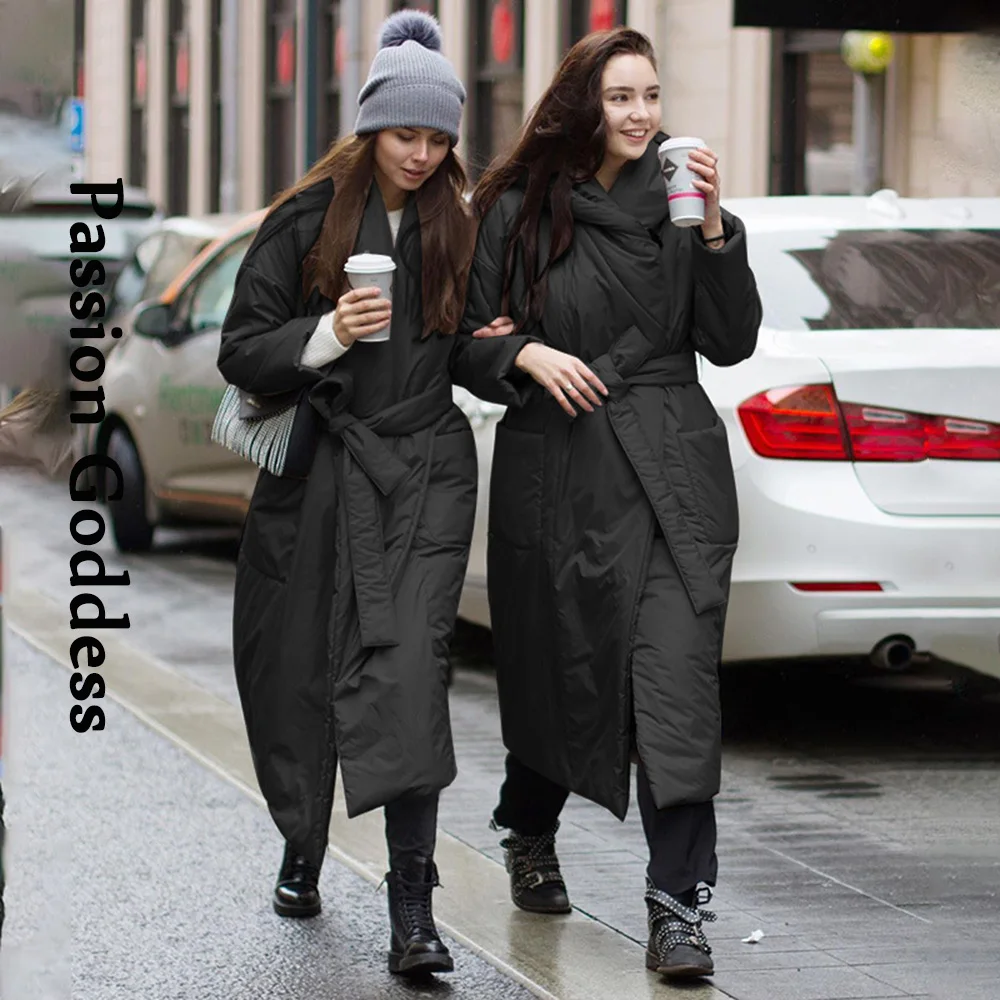 Winter Women Hooded Long Puffer Jackets with Belt Warm Thick Oversized Long Parkas Down Jacket Big Pockets Overcoats Streetwear