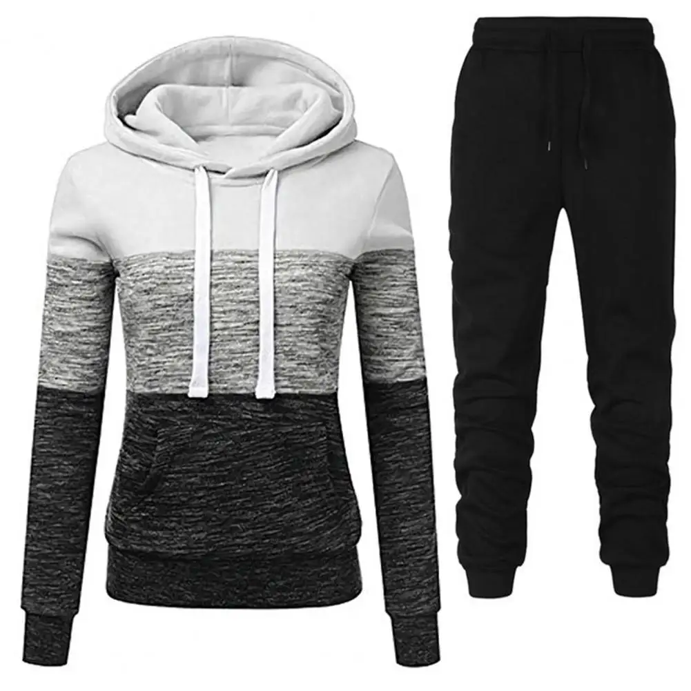 1 Set Hoodie Pants Set Women Two Piece Set Color Block Large Pocket Autumn Winter Tracksuit Contrast Color Running Sets Jogger