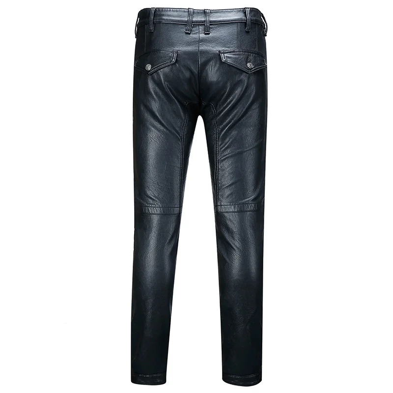 

Motorcycle Men Biker PU Leather Pants Street Punk Style Slim Pleated Black Pencil Pants Autumn Winter Warm Casual Trousers