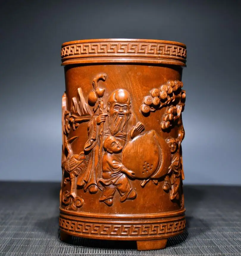 

Archaize seiko Hand-carved boxwood longevity Buddha Pen holder Study room desktop decoration crafts statue