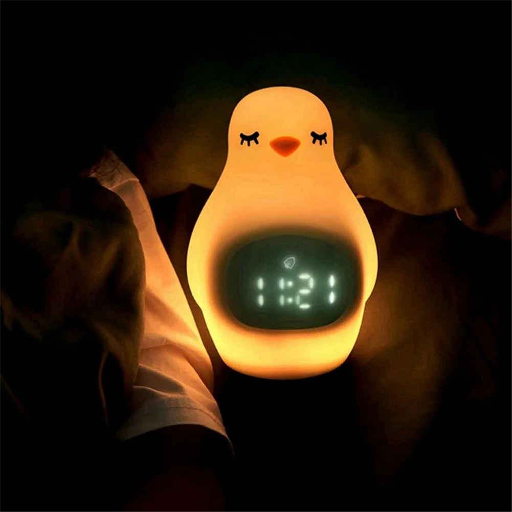 Luz nocturna de pingüino de silicona, reloj despertador electrónico, Control de voz, recargable por USB, lámpara LED de noche para niños, regalo para niños