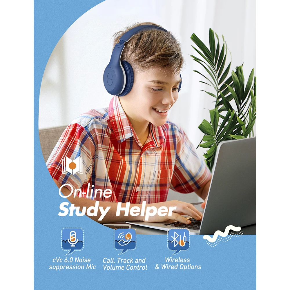 سماعات Mpow CH6 Plus بلوتوث للأطفال V5.0 سماعات رأس لاسلكية 95dB محدودة مع مايكروفون 15h وقت اللعب للدراسة عبر الإنترنت لوحة أجهزة الكمبيوتر
