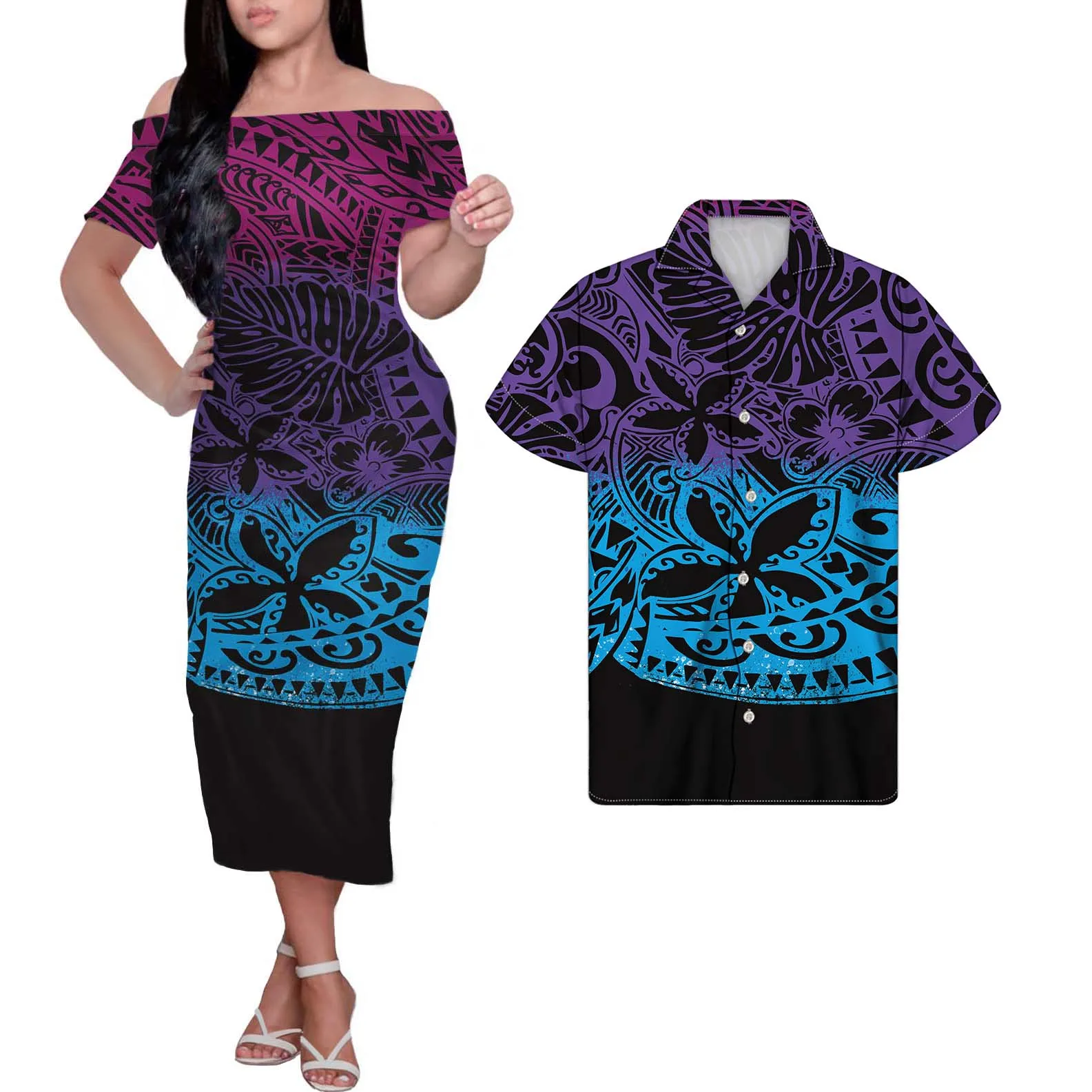 

HYCOOL Gradient Polynesian Tribal Casual Dresses For Women 2022 Summer Couples Matching Clothes Off Shoulder Sexy Party Dresses