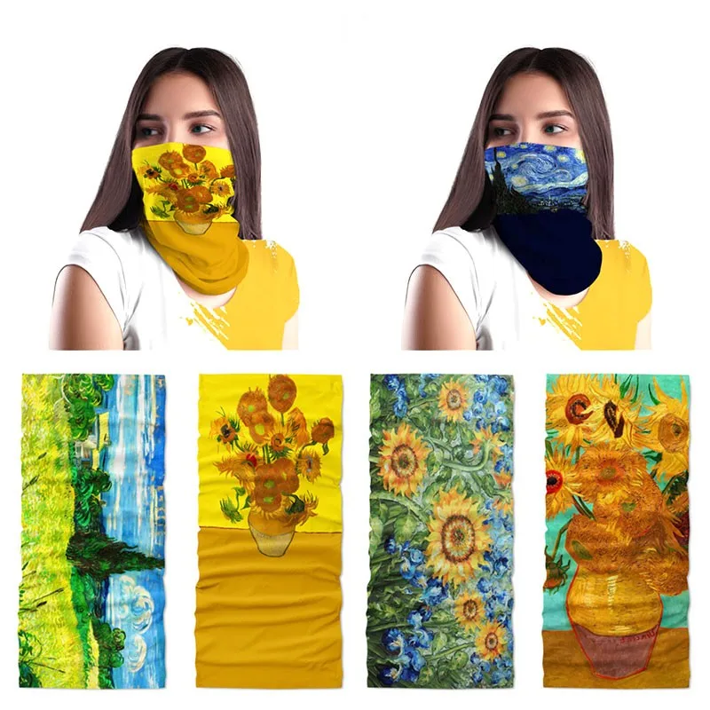 3D Printed Van Gogh Sunflower Oil Painting Art Hijab Scarf Men Women Sports Antiperspirant Ice Silk Bandana Fun Mask Kerchief