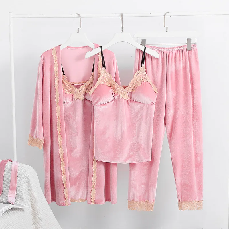 4 Four PCS Velour Winter Robe Gown Sleep Suit Womens Nighty Bathrobe Sets With Chest Pads Nightgown Strap Top&Pants Homewear