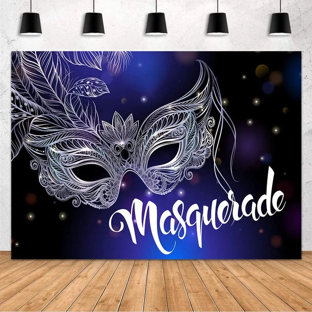 Masquerade Mask Ball Decoration Backdrop Birthday Dancing Party Glitter Silver Feather Blue and Black Photography Background