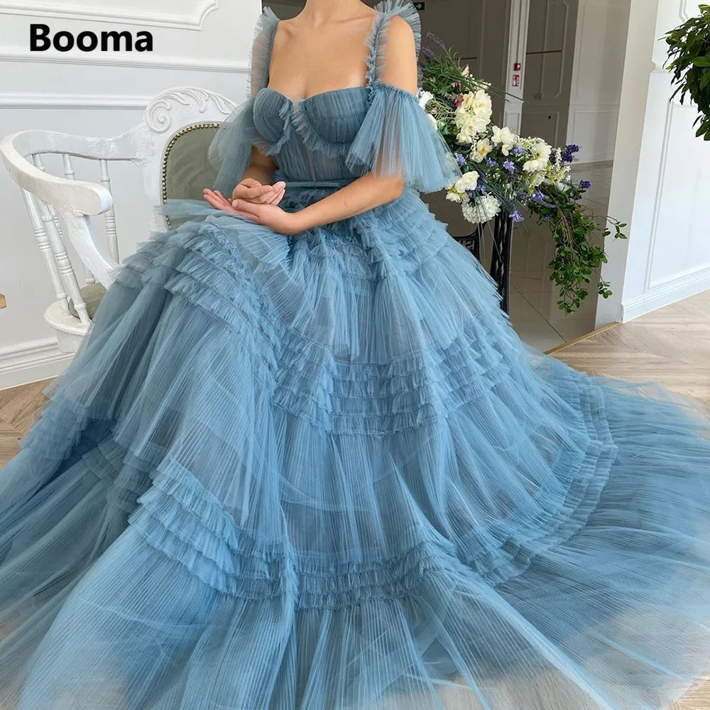 Booma Blue Long Prom Dresses Sweetheart Pleated Tulle Ruffles Evening Dresses Off Shoulder Tiered A-Line Formal Party Dresses