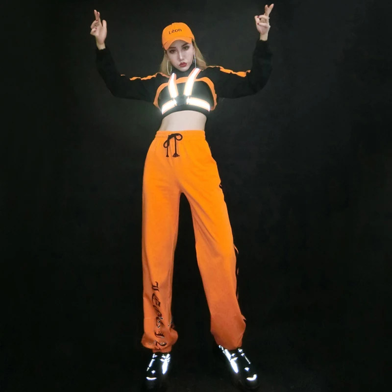 2021 Hip Hop Dance Costumes For Adults Orange Hiphop Suit Reflective Tape Women Gogo Dance DJ DS Costumes Rave Clothes SL4329