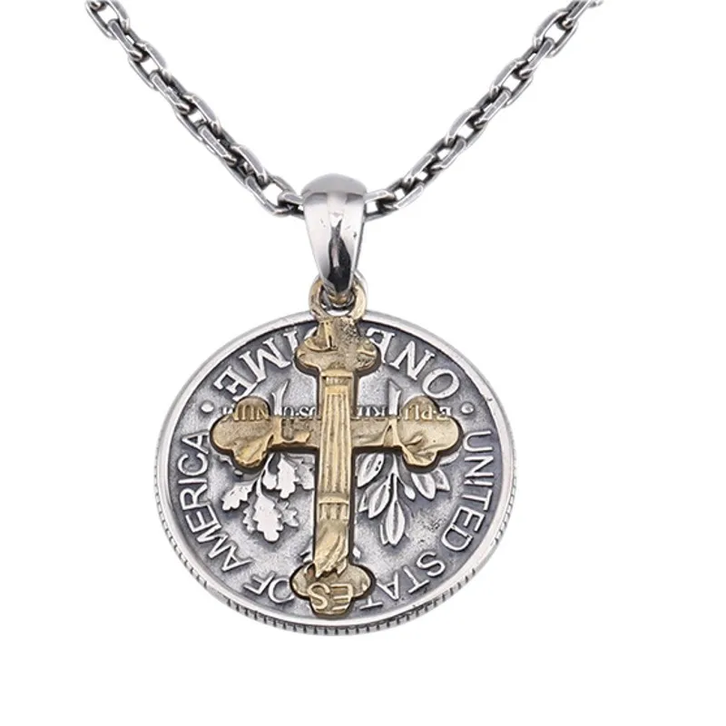 BOCAI  New Pure s925 Silver Jewelry Vintage Christ Jesus double-sided Cross Pendant Personality Coins Fashion Man Pendant