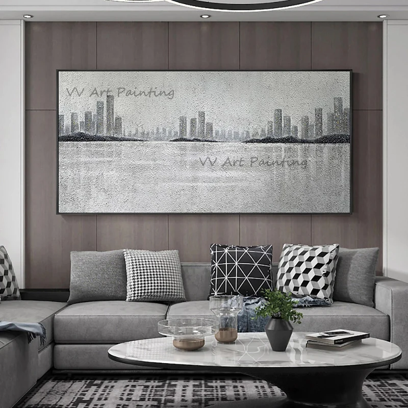 Hand-Painted Palette Knife Oil Painting, Silver Grey City Skyline Textured Canvas Wall Art, Modern Minimalist Living Room Decor
